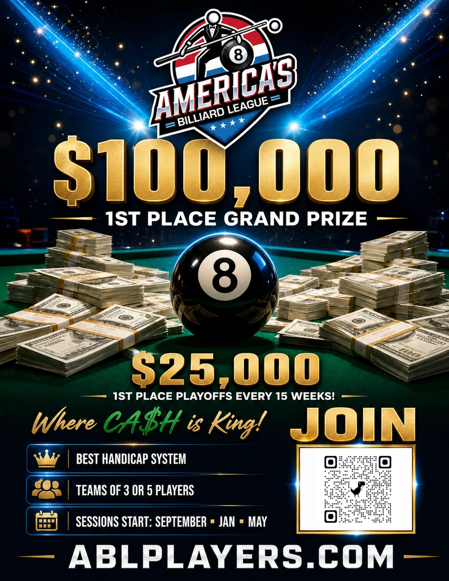 ABL player recruitment flyer advertising a $100,000 first-place Grand Prize and $25,000 first-place playoffs every 15 weeks