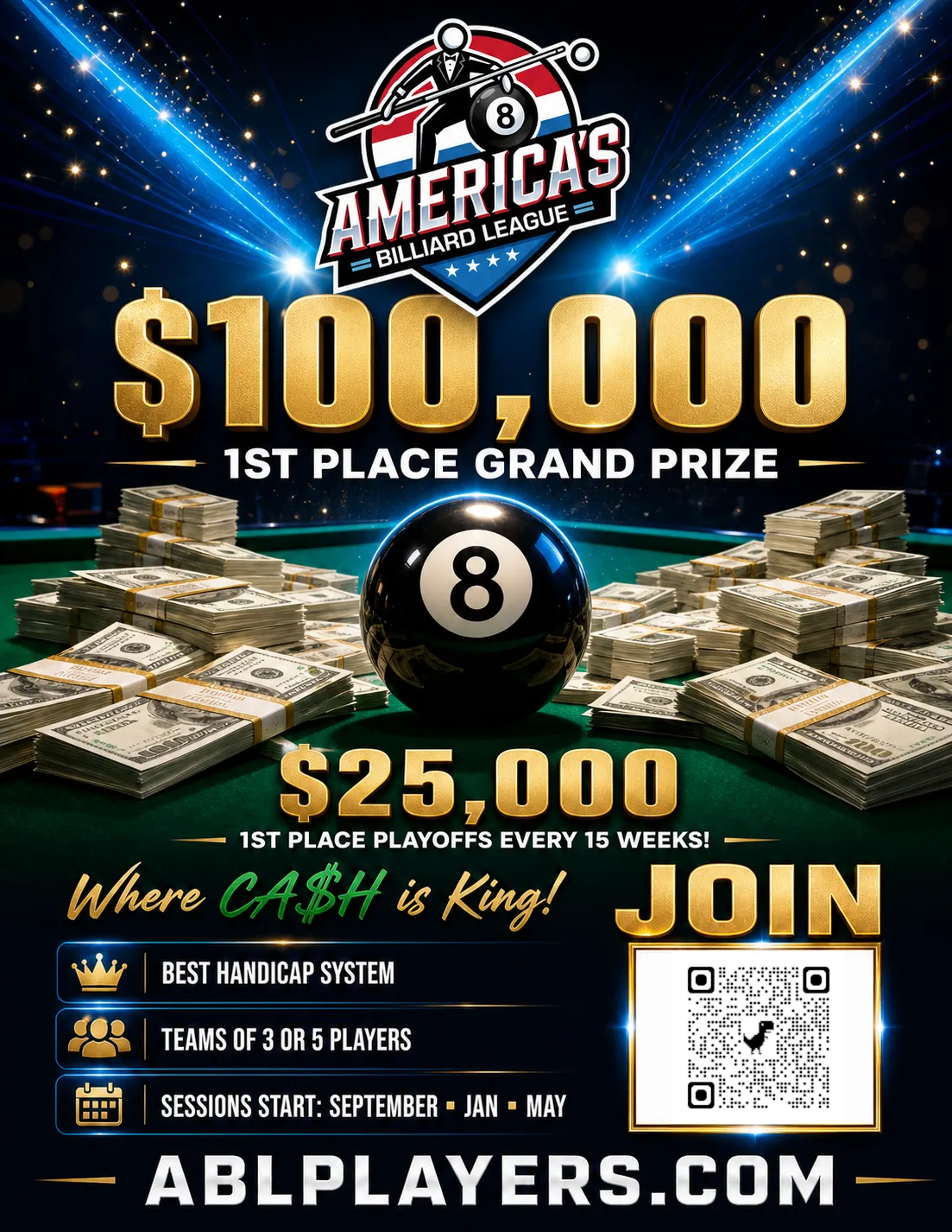 ABL player recruitment flyer advertising a $100,000 first-place Grand Prize and $25,000 first-place playoffs every 15 weeks