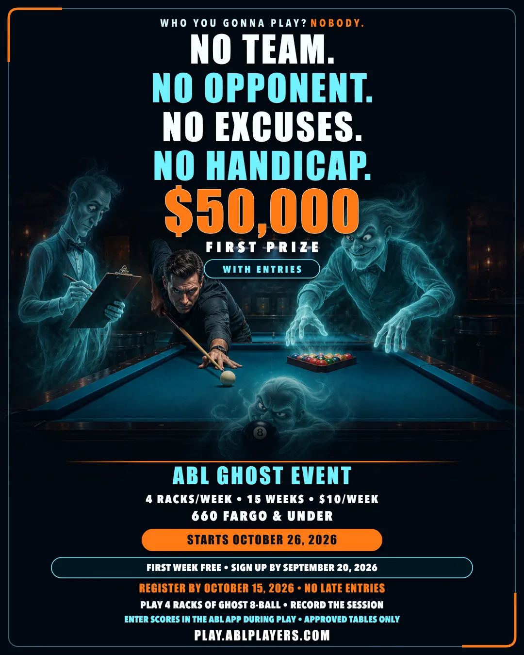ABL Ghost Event flyer featuring a player facing the Ghost and the $50,000 first prize