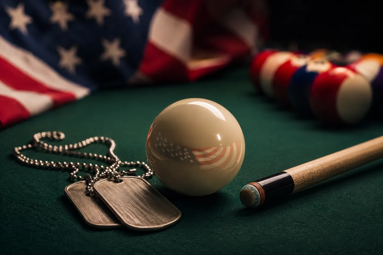 Military dog tags and cue ball on a pool table with an American flag — honoring veterans in ABL