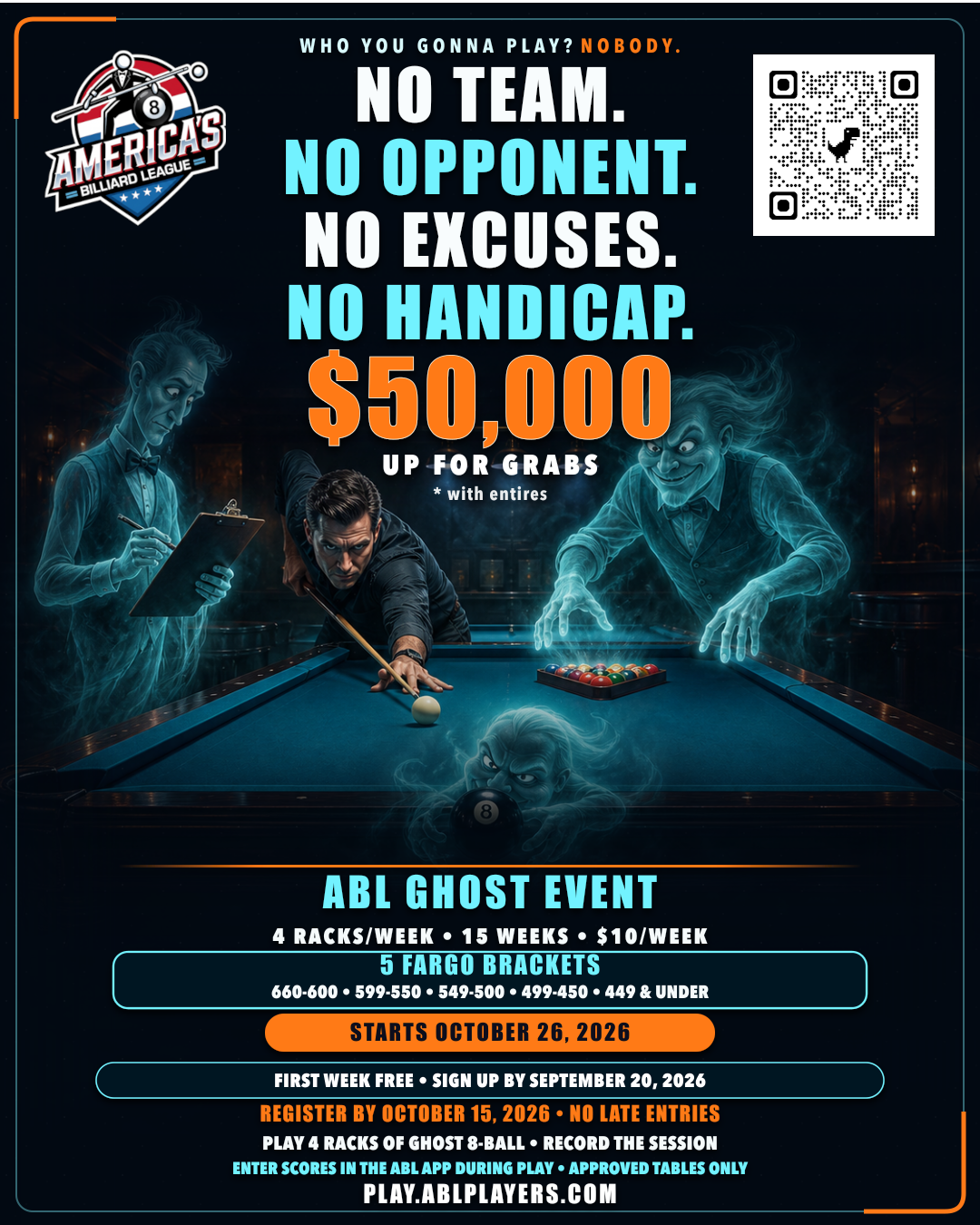 ABL Ghost Event flyer with a player surrounded by ghosts at a pool table, the ABL logo, and a QR code