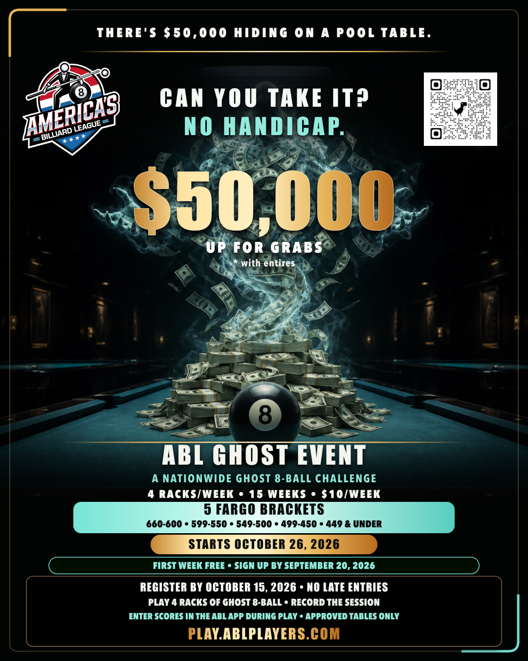 ABL Ghost Event flyer with a ghost rising from cash behind an 8-ball, the ABL logo, and a QR code